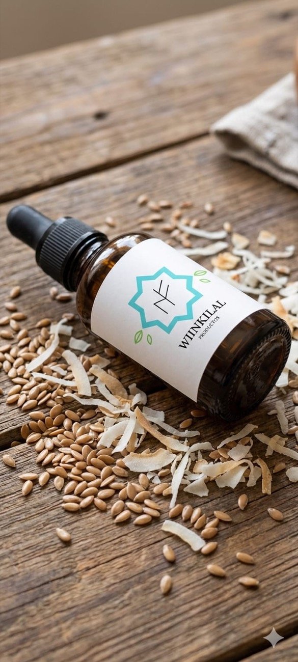 Gotero WIINKILAL sobre madera con semillas y coco rallado.