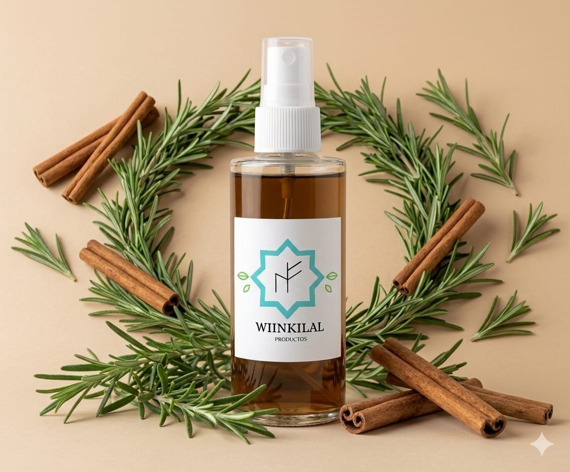 Botella atomizadora WIINKILAL rodeada de romero y canela.